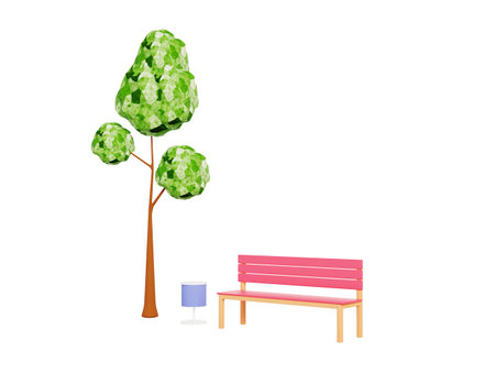 3d illustration, bench or chair in the park with trees, trash can, isolated on white background. Minimal outdoor relaxation ideas Horizontal banner, 3D render - clipping pathの写真素材