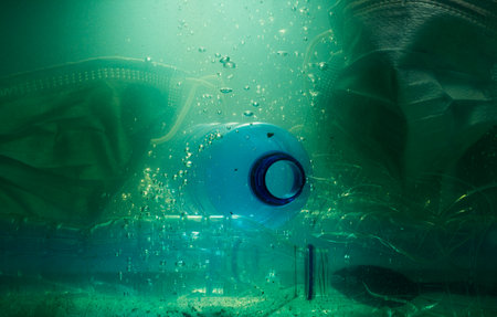Environmental pollution of garbage in the oceans, seas, beaches, and rivers, plastics, bottles, masks, and filth harm fish and water animals.の写真素材