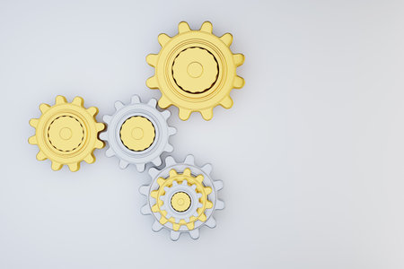 gold gear and silver cog isolated on white background Teamwork concept, technology, industrial business, 3d illustration.の写真素材