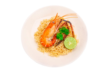 instant noodles or shrimp noodles on a plate with lemon, Chinese, Thai, or Japanese style. Close-up cut from background.の写真素材