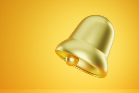3d rendering of golden bell icon illustration isolated on yellow background. Suitable for website and social media illustrations, notifications, announcements, communications.の写真素材
