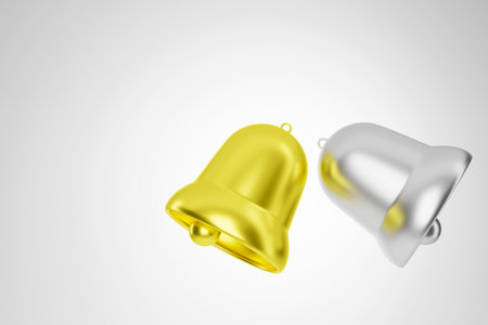 3d rendering of gold and silver bell icon illustration isolated on white background. Great for website and social media illustrations, notifications, announcements, communications.の写真素材