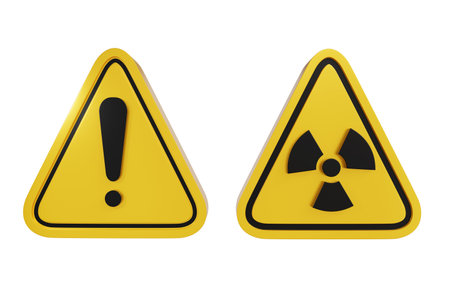 3d illustration of yellow icon exclamation mark symbol and radioactive, nuclear, contaminant, radiation, chemical, biological, chemical, pollution, reactor hazard symbol - clipping pathの写真素材