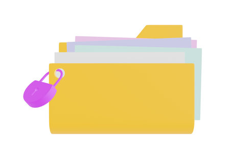 Yellow folder and documents icon Concept key lock for protection of personal data. Theft. Hacker. 3D illustration - clipping pathの写真素材