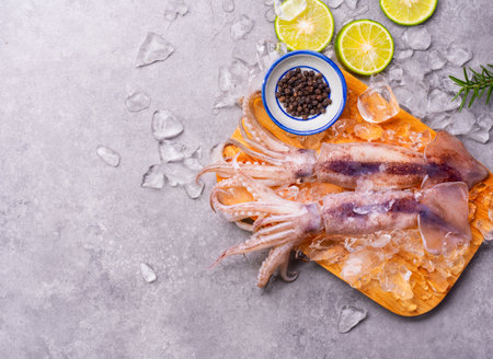 Raw squid on ice with lemon garlic spice salad on black wooden table background, fresh squid for cooked food at a kitchen restaurant or seafood marketの写真素材