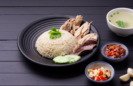 Hainanese chicken rice on a black wooden table background steamed chicken rice with chicken soup, sauces condiments Asian food Thailand China Singapore, top viewの写真素材