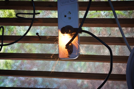 electrical plug sparking and burning Caused by a short circuit, concept, danger from using...