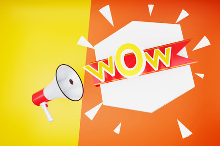 WOW Bullhorn speech bubble promotional label or poster sign Presentation sticker with a red and white megaphone, yellow backgroundの写真素材