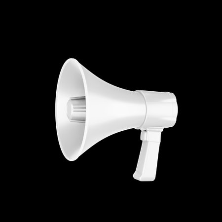 loudspeaker or megaphone horn White is a simulated notification speaker icon. Shows a 3D illustration on a black background.の写真素材