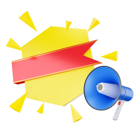 Bullhorn speech bubble promotional yellow label or poster sign Presentation red sticker with a blue and white megaphone illustration rendering 3dの写真素材