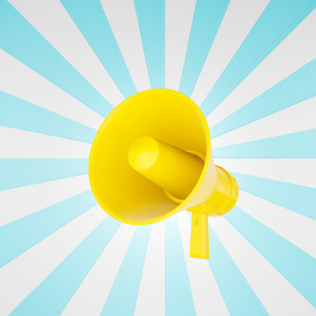 yellow bullhorn white and blue promotional label background or poster sign or presentation sticker with a white yellow megaphone illustration rendering 3dの写真素材