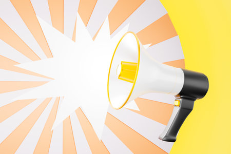 amplified loudspeaker or megaphone hor MegaFon black, white, and gold is an announcement loudspeaker mockup icon on a white and yellow background showing a 3d illustrationの写真素材