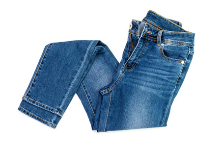 blue jeans denim pants composition modern women's and men's fashion pants texture isolated on white backgroundの写真素材