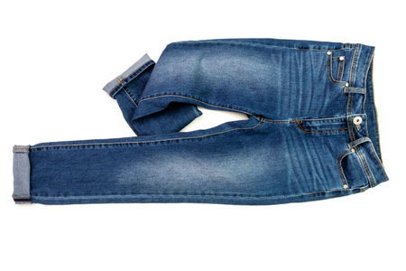 blue jeans denim pants composition modern women's and men's fashion pants texture isolated on white backgroundの写真素材