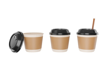 White paper coffee cup or plastic cup three with a blank brown label with black lid realistic mockup coffee or tea mug disposable beverage product 3d render illustrationの写真素材