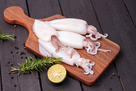Fresh squid or raw squid on a wooden board with ingredients of Green rosemary. Lemon. Seafood menu on wooden background. Top view.の写真素材