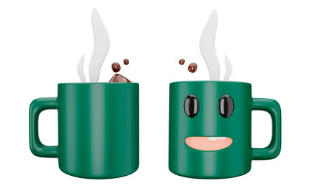 3D ceramic cup with coffee or hot chocolate splashing, beautiful smiling green coffee mug Hot drink, 3D illustrationの写真素材