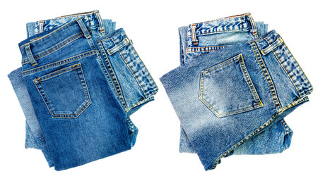 Blue jeans lined in a pile of jeans elements modern women's and men's fashion pants isolated cut-out backgroundの写真素材