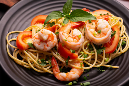 Close-up photo-fried spaghetti or fried noodles Pasta with tomato sauce and shrimp, basil, and tomatoes on a black plate On a wooden table top viewの写真素材