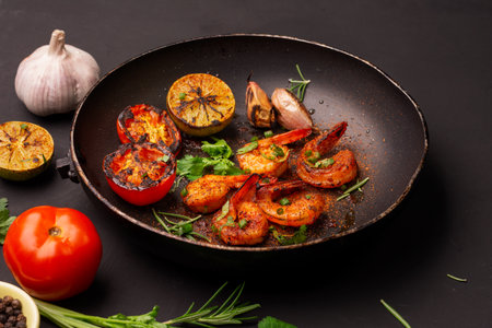Grilled prawns served on a plate with lemon. Garlic on dark black background. Seafood. Top view.の写真素材