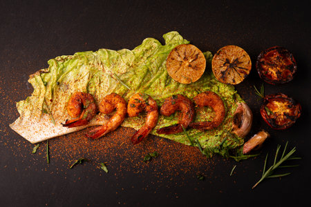 Grilled prawns or BBQ served with lemon and garlic on dark black background. Seafood. Top view.の写真素材