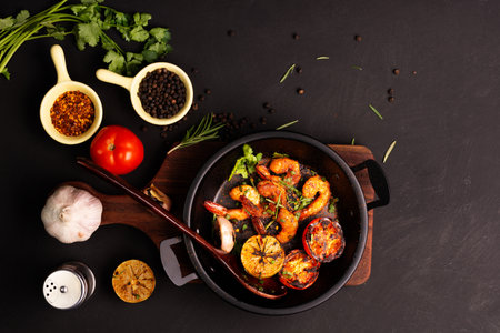 Grilled prawns served on a plate with lemon. Garlic on dark black background. Seafood. Top view.の写真素材