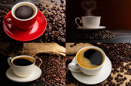 Black coffee or hot tea in a cappuccino espresso cup, breakfast food with coffee beans on a wooden table Isolated on a dark background, top viewの写真素材