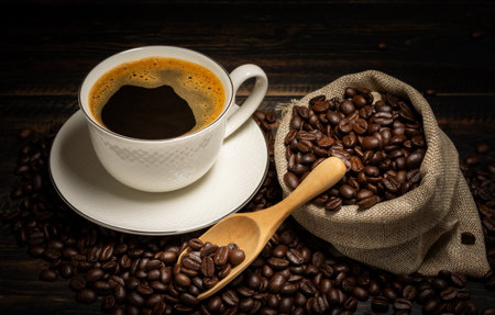 Black coffee or hot tea in a cappuccino espresso cup, breakfast food with coffee beans on a wooden table Isolated on a dark background, top viewの写真素材