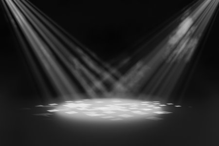 Studio room background with focus spotlights dark gray background with spotlights shining concert stage lighting rendering 3d illustrationの写真素材