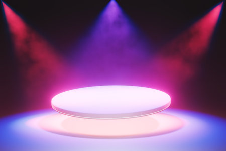 Studio room background with red and blue spotlight focus, dark gray background smoke with spotlights illuminating the podium. or concert stage 3d render illustrationの写真素材