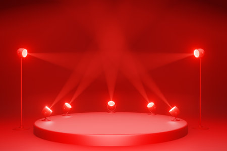 red winner stage Empty podium with illuminated sporting Light source. Floodlight. Product platform concept. Advertising display. Projector. 3D rendering.の写真素材