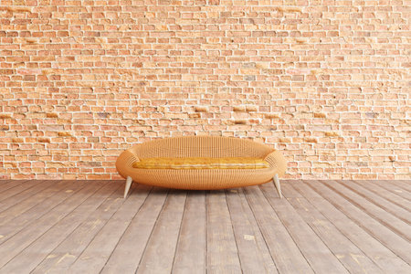 3D illustration. Front view of a brown rattan chair. Contemporary design, casual, natural, decorated furniture in the living room, brick wall background.の写真素材