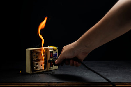 An electrical plug fire is caused by a short circuit of electrical current. Concept of prevention of danger. Using non-standard equipment, damaged equipmentの写真素材