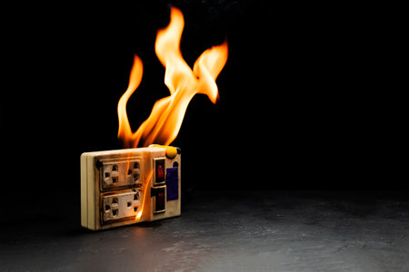 An electrical plug fire is caused by a short circuit of electrical current. Concept of prevention of danger. Using non-standard equipment, damaged equipmentの写真素材