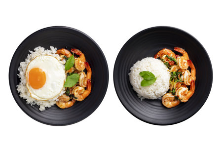 Stir-fried shrimp with basil, Thai street food, arranged on a black plate with a fried egg. Spicy Thai food separated from the background, top view - clipping pathの写真素材