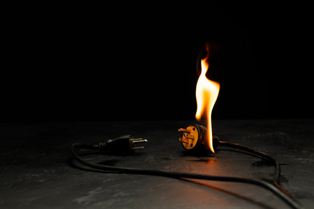 An electrical plug fire is caused by a short circuit of electrical current. Concept of prevention of...