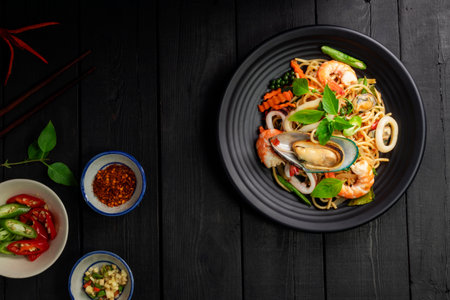 Seafood drunken spaghetti with shrimp squid clams chili, and basil. Thai food. Healthy Asian in a plate on a black background table. Top view.の写真素材