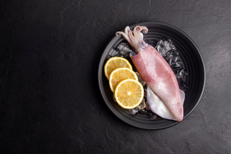 Fresh raw squid. Raw squid on a black plate with ice. Lemon slices. Top view and copy space for your text.の写真素材