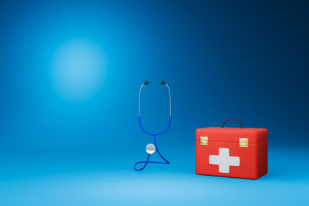 Red first aid box or bag medical emergency equipment hospital medicine aid medic pharmacy 3D illustration Isolated on a blue backgroundの写真素材
