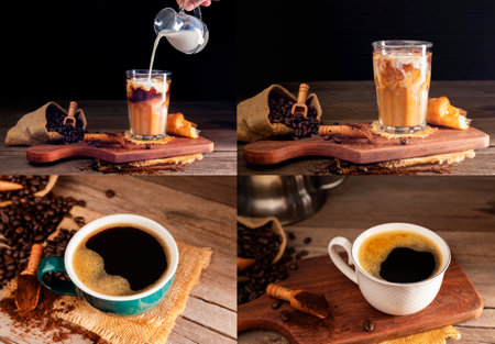 Set - Iced coffee and black coffee with cup and roasted coffee beans brown sugar and a cup of hot espresso coffee flat top view on a dark backgroundの写真素材