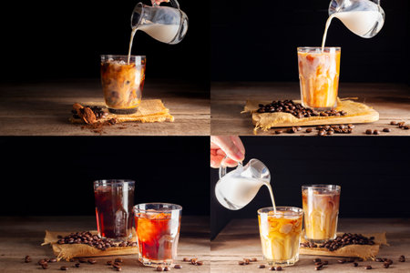 Set - Iced coffee and black coffee with cup and roasted coffee beans brown sugar and a cup of hot...