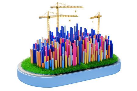 3D illustration of building construction colorful buildings in the city Top view of several skyscrapers and buildings under construction on a massive scale - clipping pathの写真素材