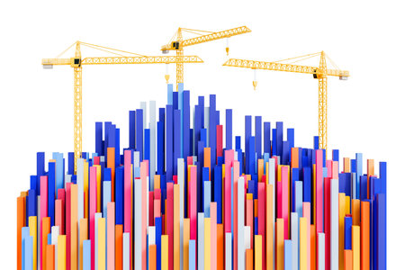 3D illustration of building construction colorful buildings in the city Top view of several...