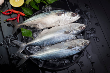 Fresh mackerel, natural seafood on black plate Condiments of lime, chilli, basil with ice on a black...