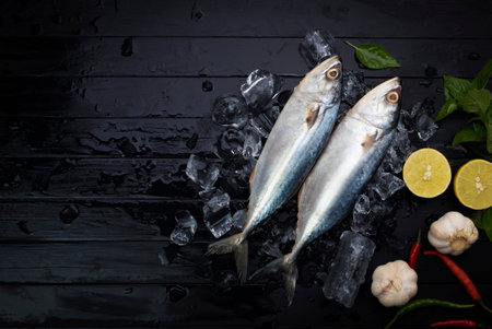 Fresh mackerel, natural seafood on a black plate with ice arranged on a black wooden background. Top view.の写真素材