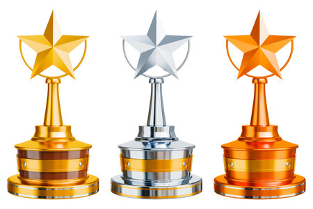 Gold cup for achievement, football championship, sports competition, contest, game winner award shape. Champion's Achievements Tournament victory 3D illustration rendering - clipping pathの写真素材