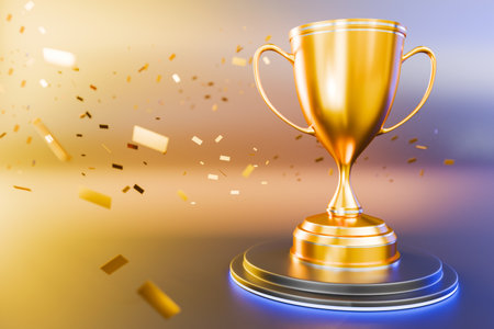 Realistic golden trophy cup with confetti on blurred background. Vector illustrationの写真素材