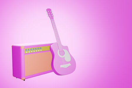 Electric guitar, pink bass guitar with guitar amplifier For designing music in a minimalist style Isolated from the pink background. 3D illustration renderingの写真素材