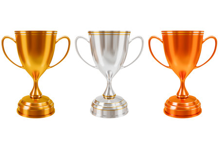 Gold cup for achievement, football championship, sports competition, contest, game winner award shape. Champion's Achievements Tournament victory 3D illustration rendering - clipping pathの写真素材
