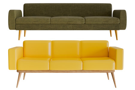 Yellow and green sofa, fabric or leather texture 3D illustration rendering set Simulation of a sofa in front view modern furniture interior designの写真素材